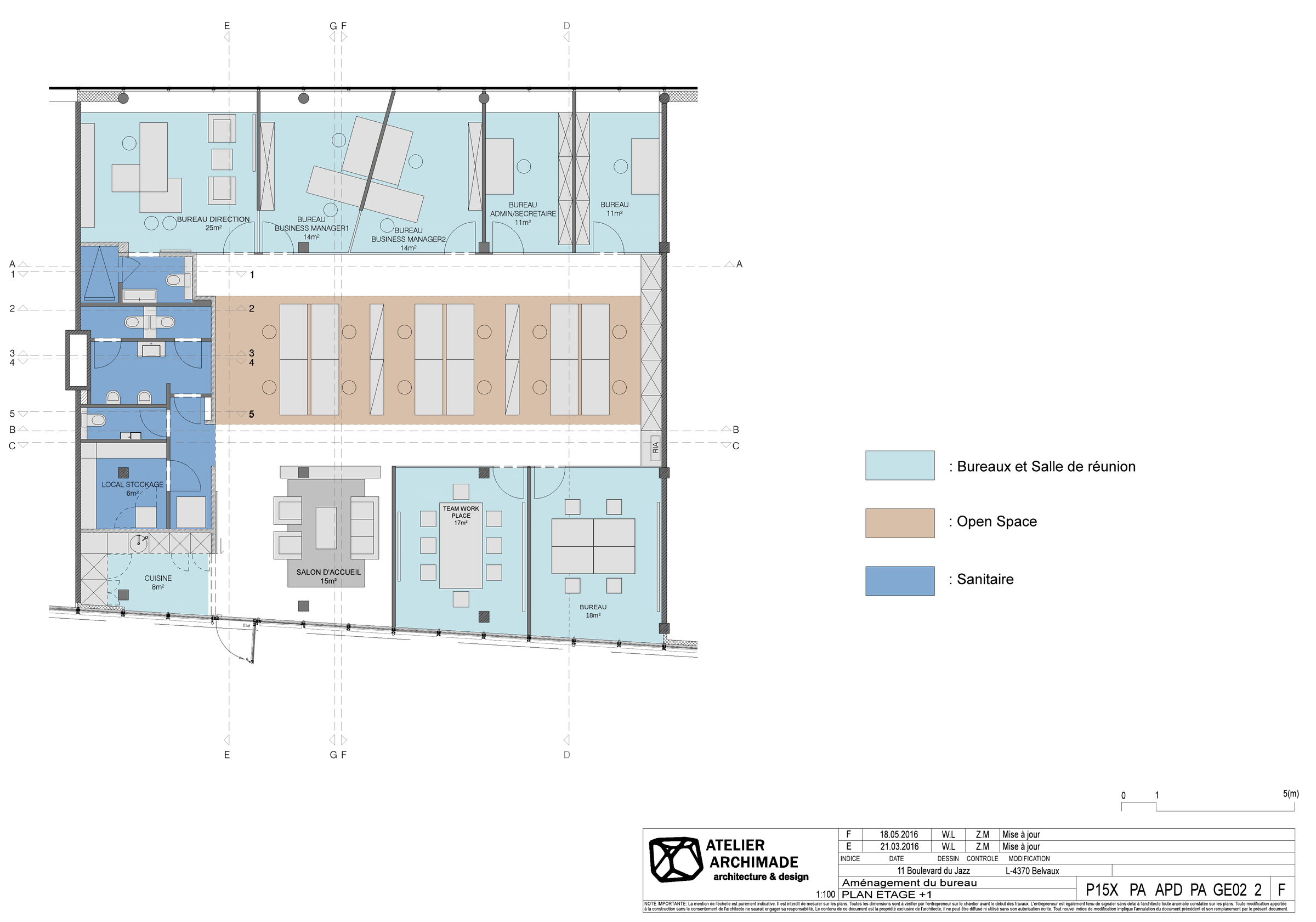 Plan des bureaux : 6 bureaux, open space de 12 postes, salon d'accueil, team work place, cuisine et sanitaires
