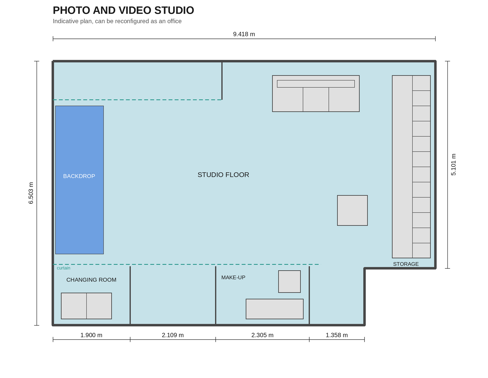 Photo and video studio plan, with changing room and make-up area