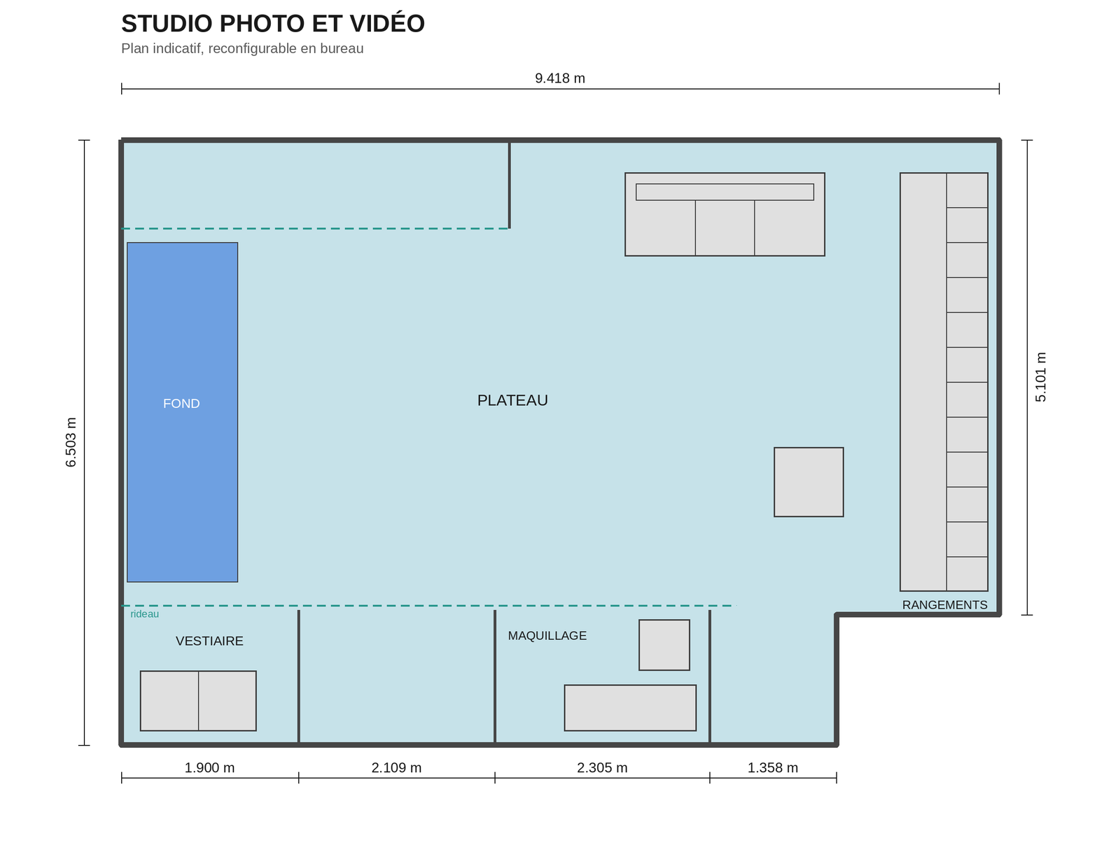 Plan du studio photo et vidéo, avec vestiaire et coin maquillage